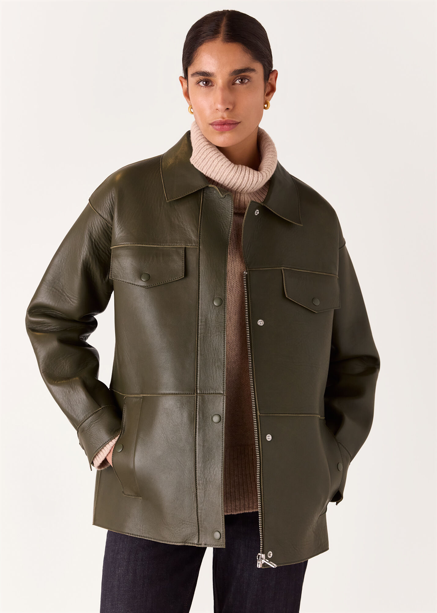 Khaki leather jacket clearance